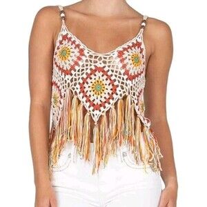 Miss Me Boho Crochet Fringe LARGE Top Y2K Festival Granny Square Hippie Crop
